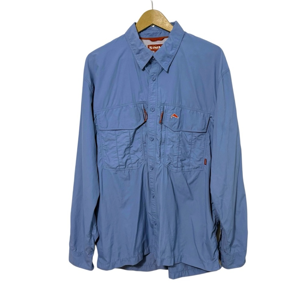 Simms Men’s XL Blue Nylon Long Sleeve Button Down Fishing Shirt Outdoor Travel